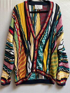 Vintage Saxony Multicolor 3D Knit Cotton Cardigan XL